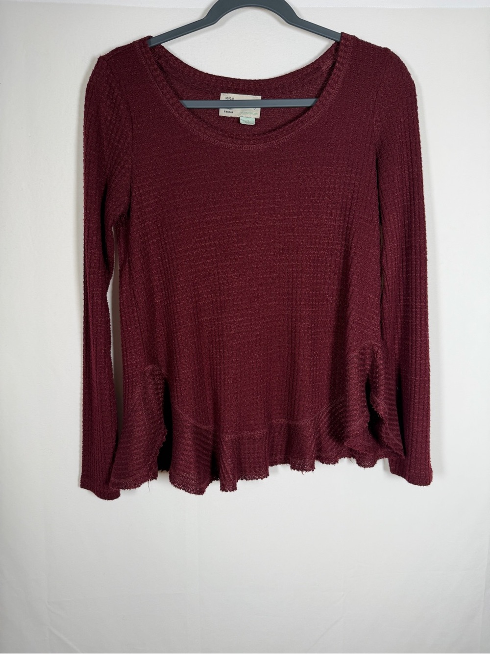 Anthropologie Burgundy Waffle Knit Ruffle Long Sleeve Top Dark Boho